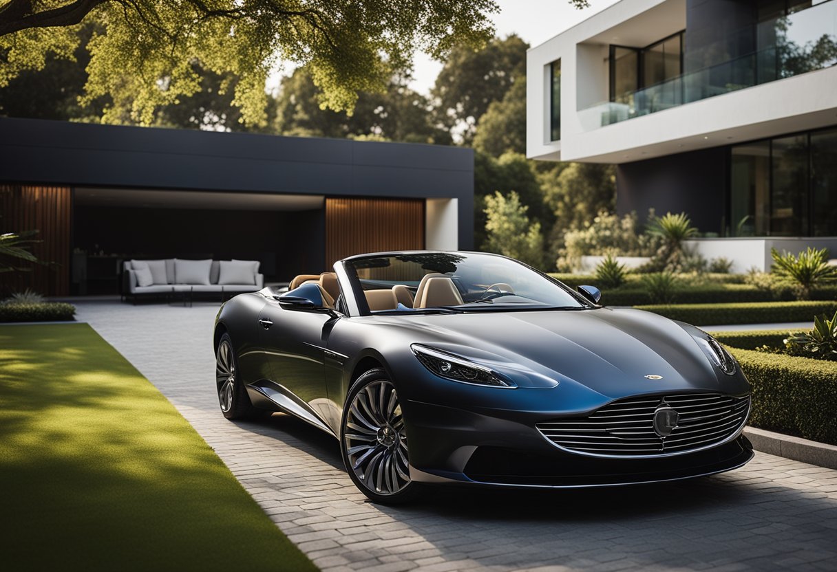 A sleek, modern car parked in a luxurious driveway, surrounded by a manicured garden and a grand, contemporary home in the background