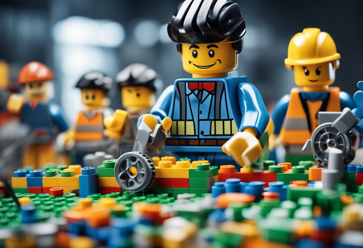 A colorful LEGO brick factory with workers assembling and packaging sets