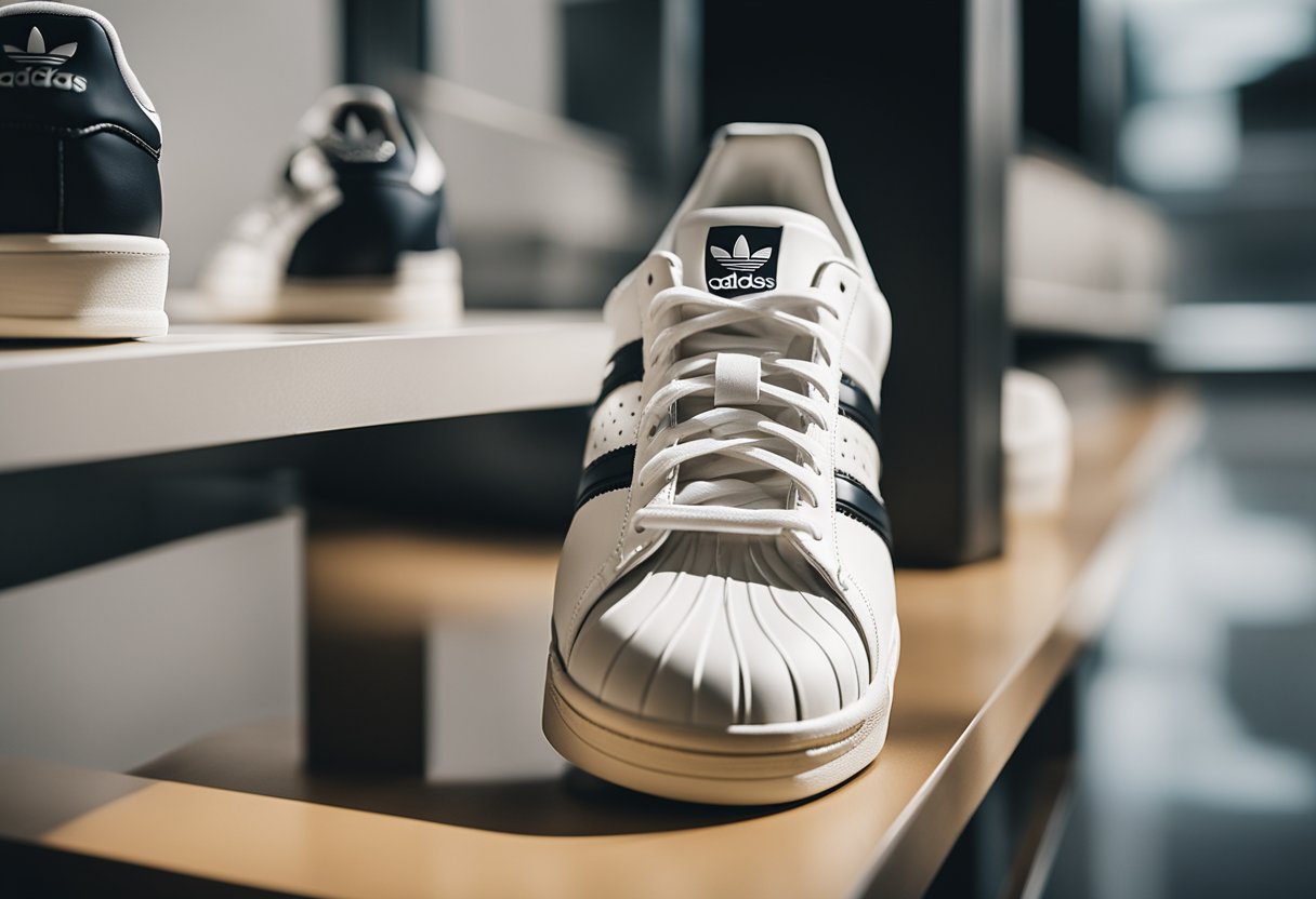 A pair of Adidas sneakers sits on a sleek, modern shelf in a well-lit, minimalist room with clean lines and neutral colors