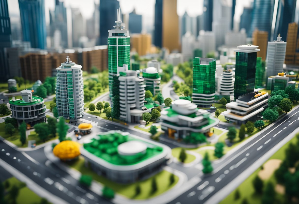 A futuristic cityscape with a towering Lego headquarters surrounded by green, sustainable infrastructure and innovative transportation systems