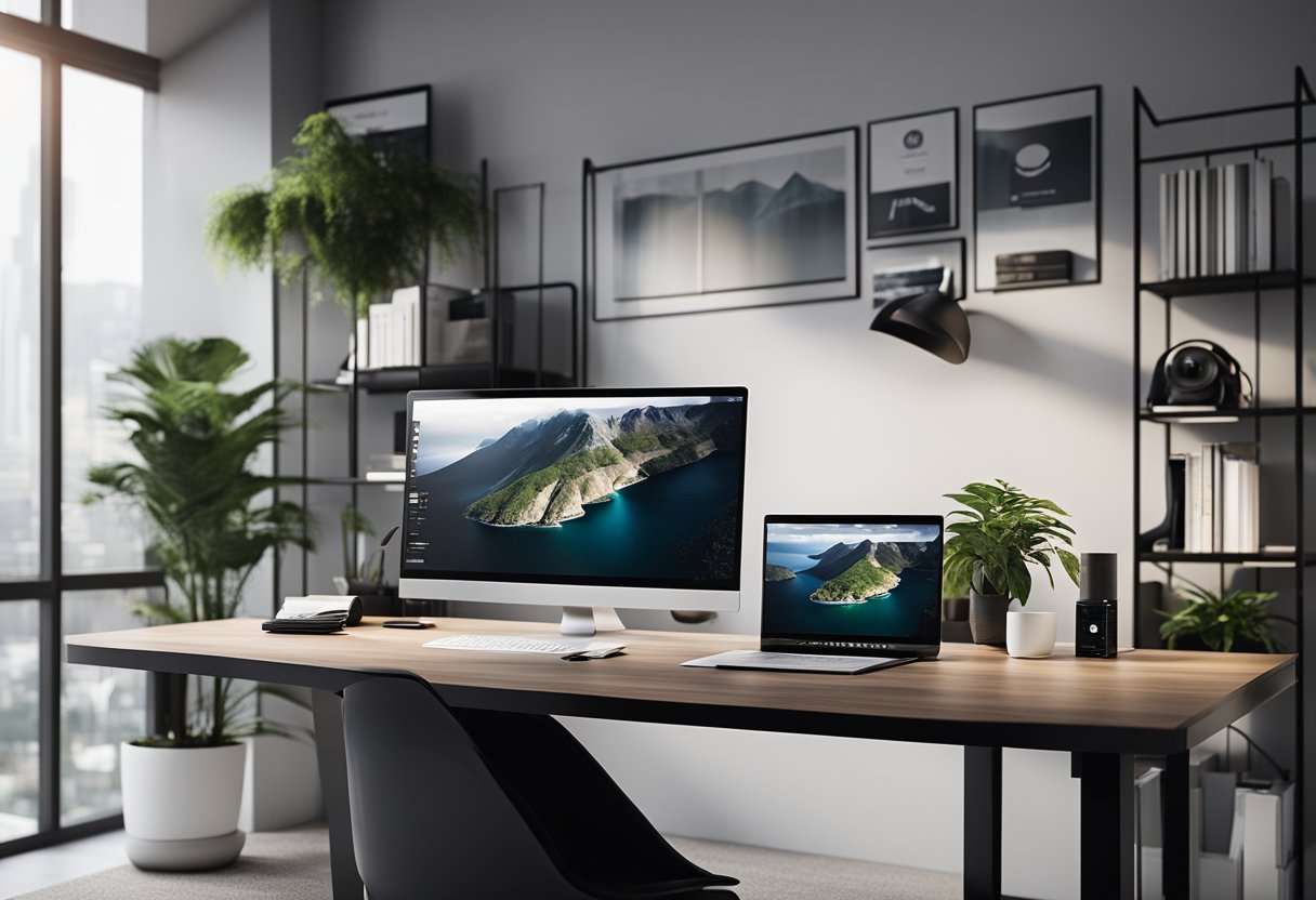 A sleek office desk with a modern computer displaying the ownership structure of Adidas, surrounded by minimalist decor and branding