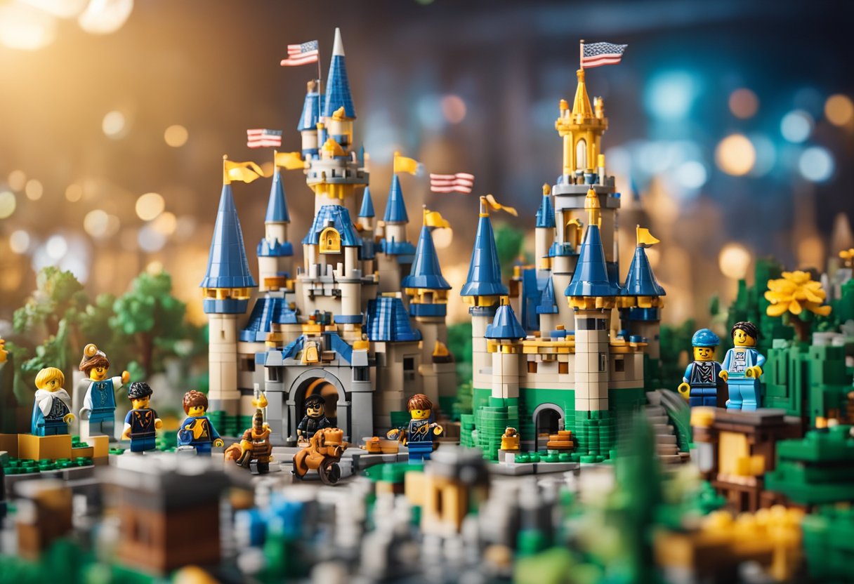A colorful LEGO brick castle surrounded by popular culture icons and characters