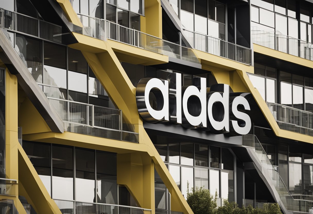 A group of diverse buildings, each representing a different subsidiary of Adidas, with the Adidas logo prominently displayed on each structure