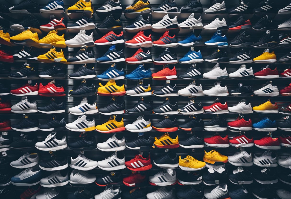 A crowded market with various sports brands on display, but the adidas logo prominently stands out above the rest