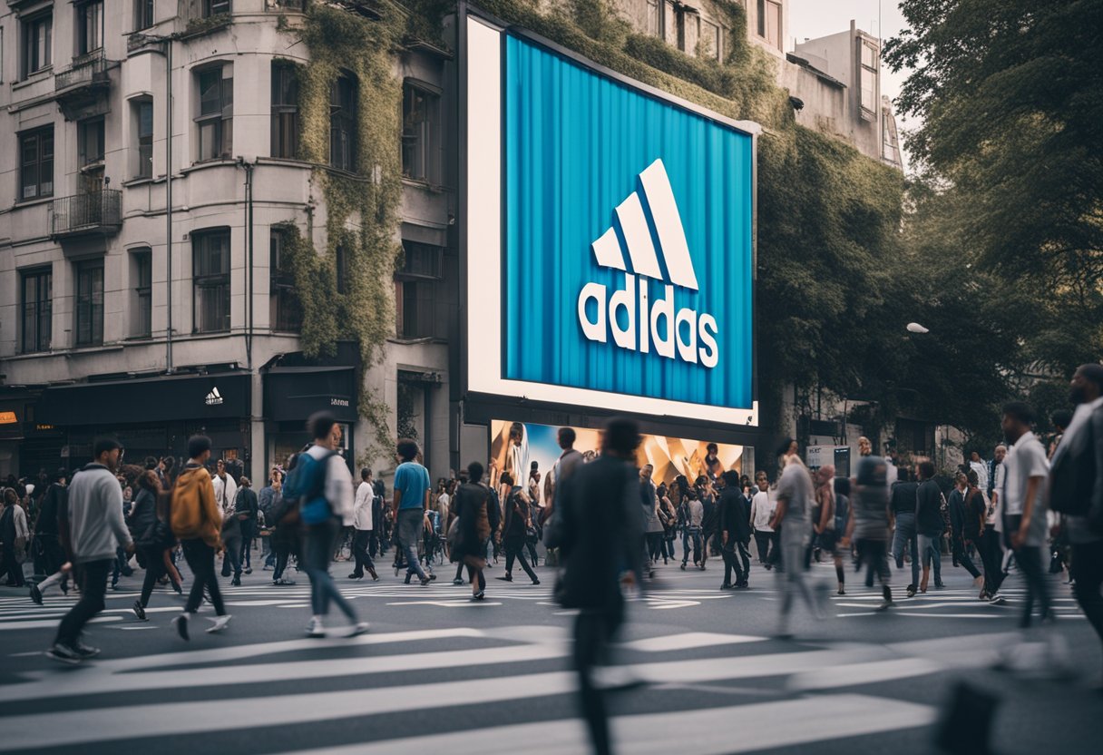 A city street with a large billboard featuring the Adidas logo, surrounded by people wearing Adidas clothing and shoes