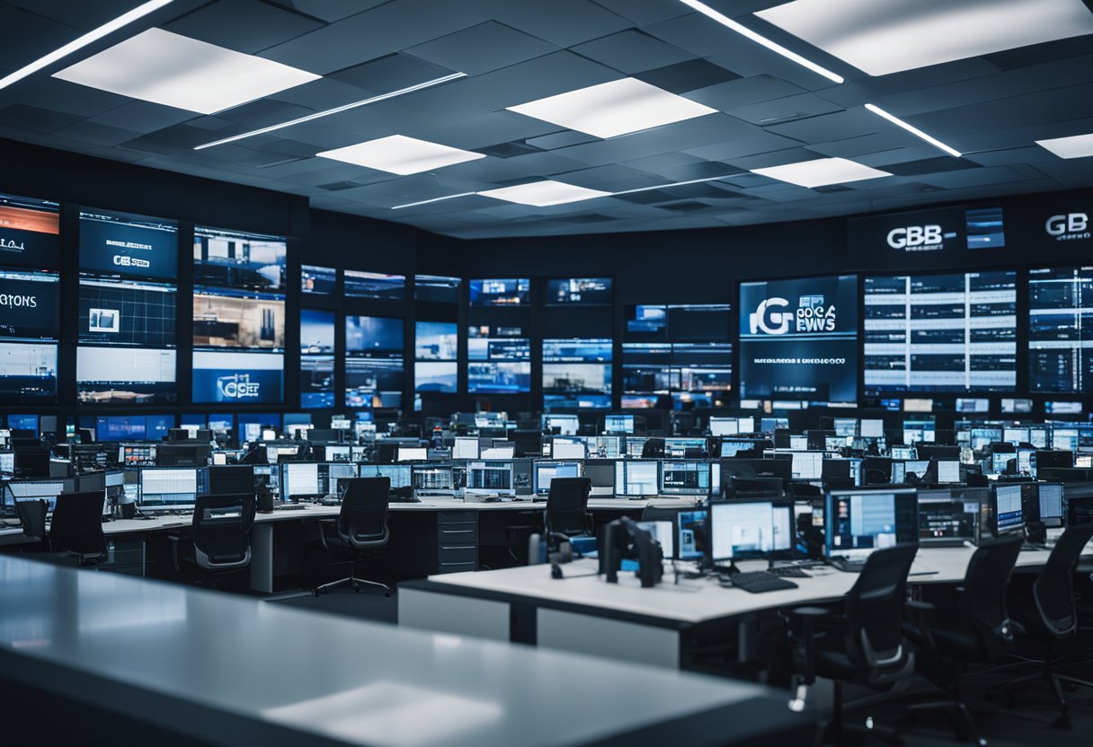 A newsroom with a prominent GB News logo displayed on screens and equipment