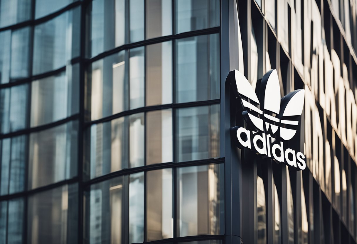 Adidas logo on a sleek, modern building with a stock market graph in the background