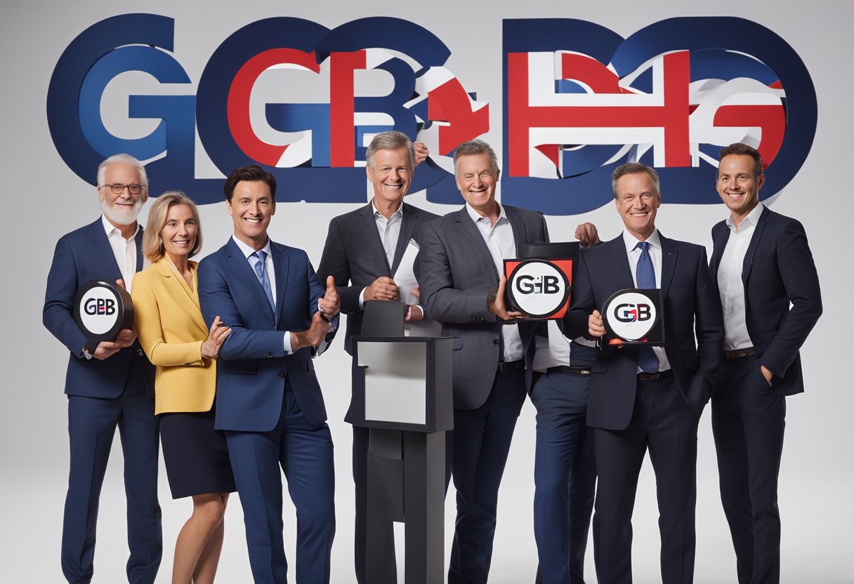 A group of executives stand in front of a large TV screen displaying the GB News logo. They are celebrating the launch of the news channel, with the owner proudly holding a plaque