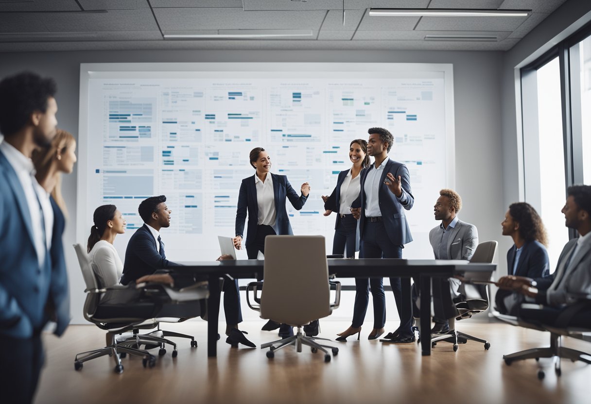 A group of individuals gathered around a conference table, engaged in discussion and gesturing towards a large organizational chart on the wall