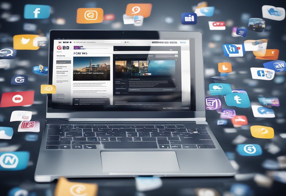 A laptop displaying GB News website with social media icons and digital strategy notes