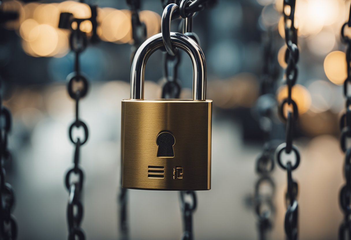 A padlock hanging from a chain, surrounded by a shield and a key, symbolizing data privacy and user trust