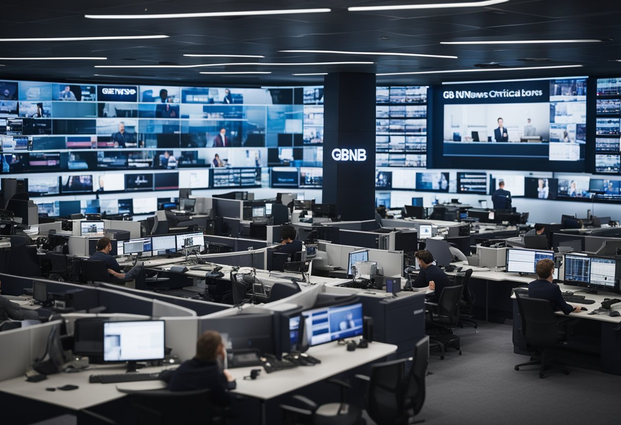 A newsroom with a large logo of GB News on the wall, journalists working at their desks, and a TV screen showing public and critical reception