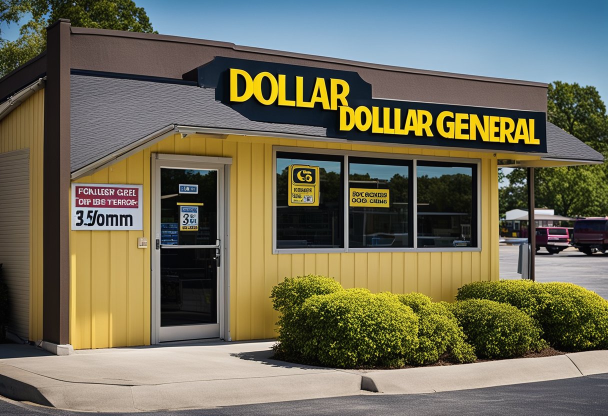 A Dollar General store stands in a small town, surrounded by a parking lot and some nearby trees. The store's sign is visible, and the building is simple but well-maintained