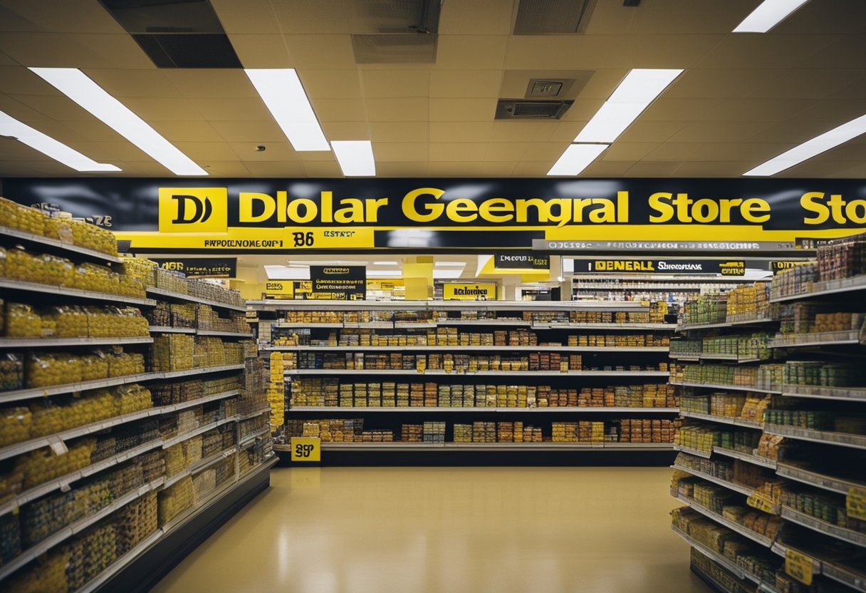 A bustling Dollar General store with a steady stream of customers entering and exiting, while employees restock shelves and manage transactions