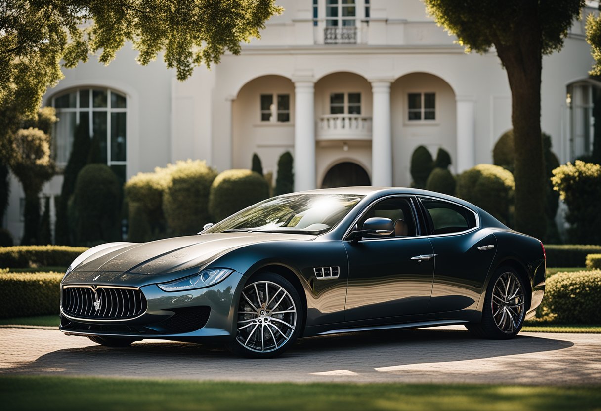 A sleek Maserati parked in a luxury driveway, surrounded by a manicured garden and a grand mansion in the background