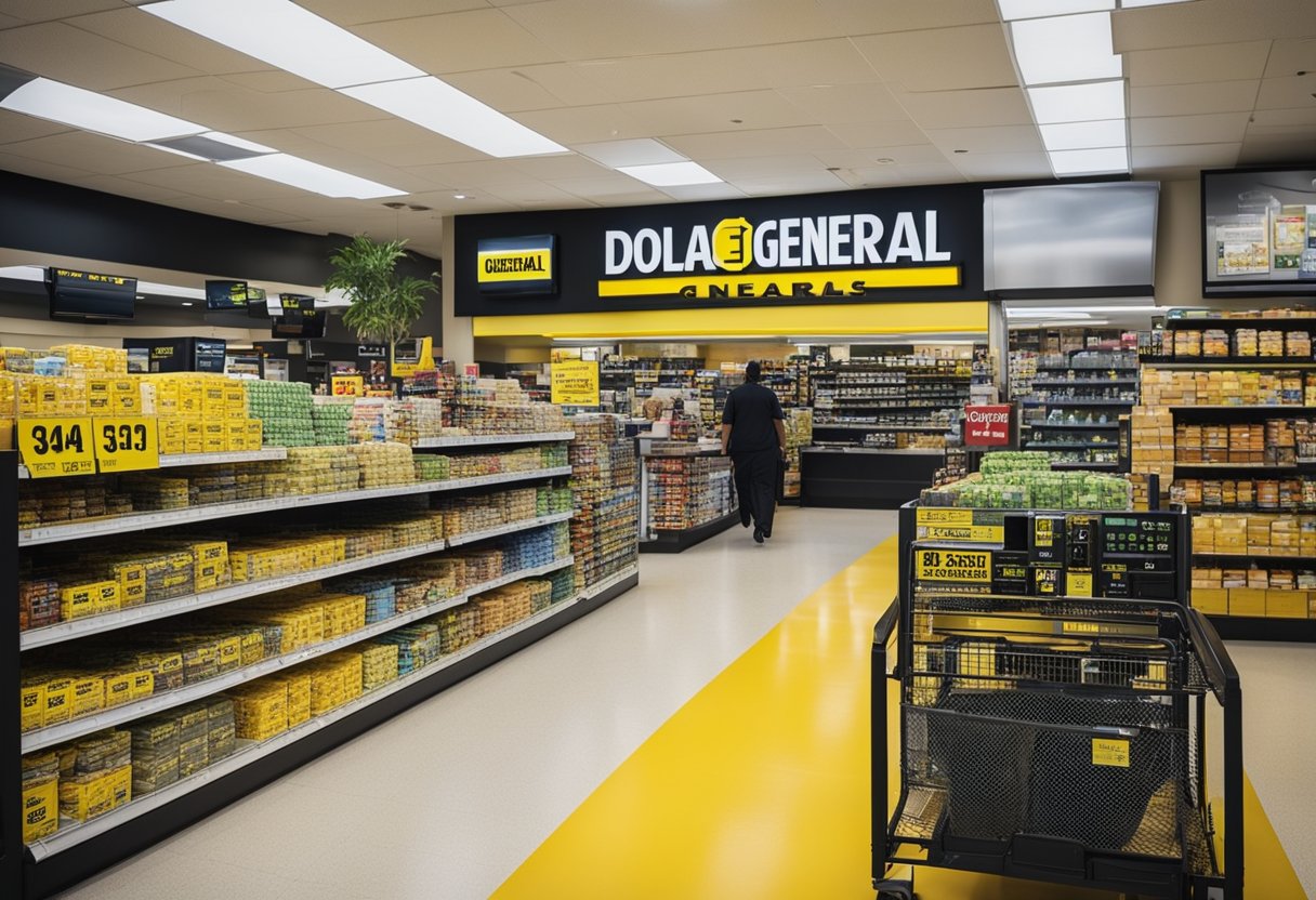 A bustling Dollar General store surrounded by busy streets and neighboring businesses, with a prominent sign displaying the company logo