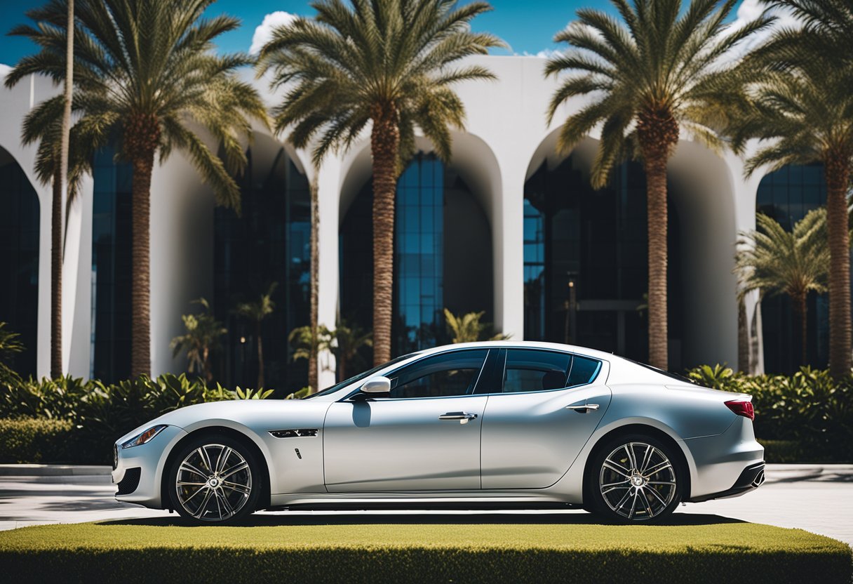 A sleek Maserati car parked in front of a modern, luxurious building, surrounded by palm trees and a clear blue sky