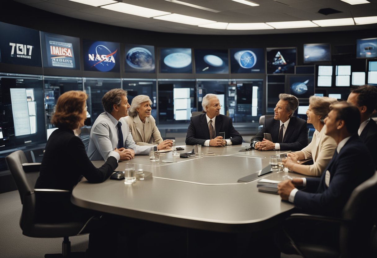 A group of people gather around a table, discussing and making decisions about the ownership and governance of NASA