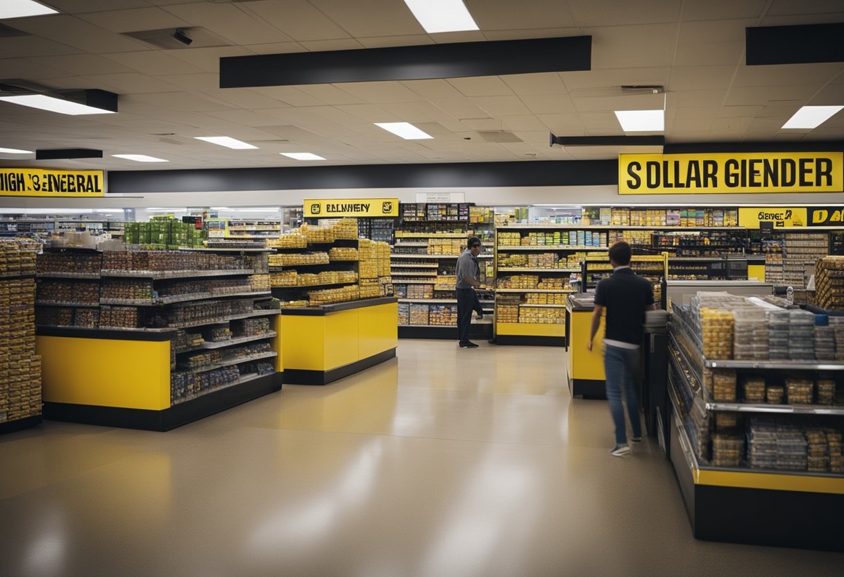 A Dollar General store sits nestled among other businesses in a bustling commercial area, with delivery trucks unloading goods and customers entering and exiting the store