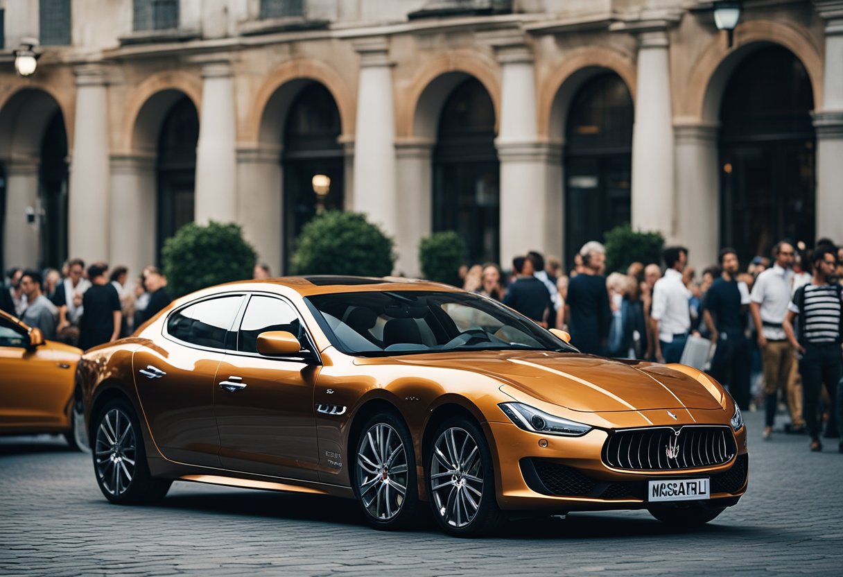 A sleek Maserati parked in a bustling market square, surrounded by curious onlookers