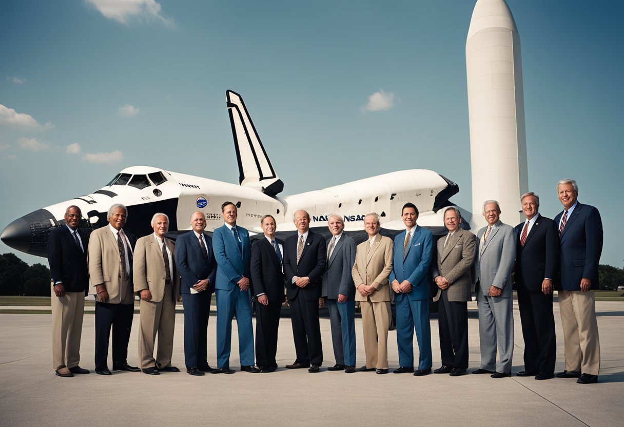 A group of notable personalities stand in front of the NASA headquarters, with the iconic space shuttle in the background