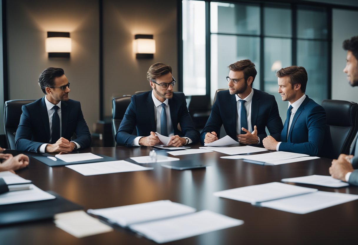 A group of executives and lawyers discussing legal documents and regulations in a corporate boardroom