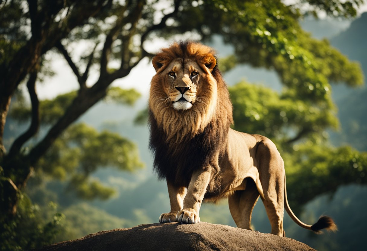 A regal lion proudly stands atop a mountain, overlooking a vast and lush jungle, asserting its ownership of the land