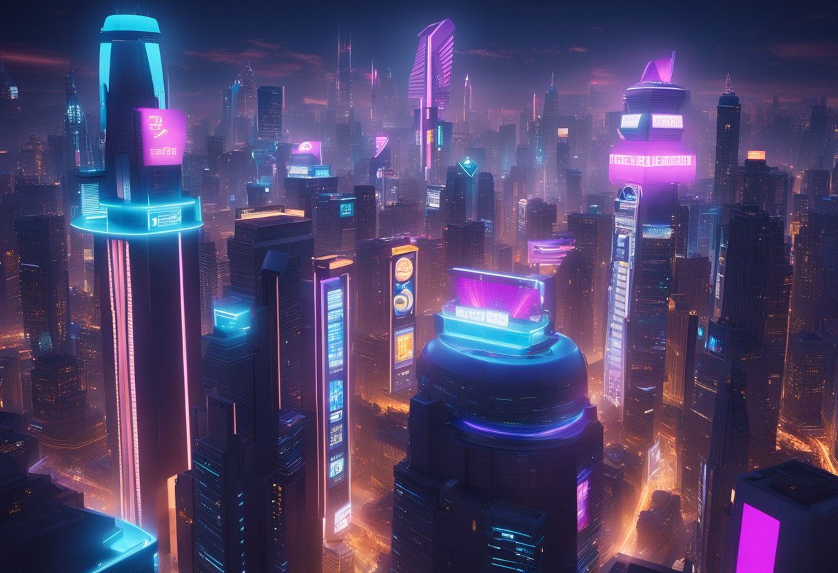 A vibrant, futuristic cityscape with towering skyscrapers and neon signs, showcasing Epic Games' notable products