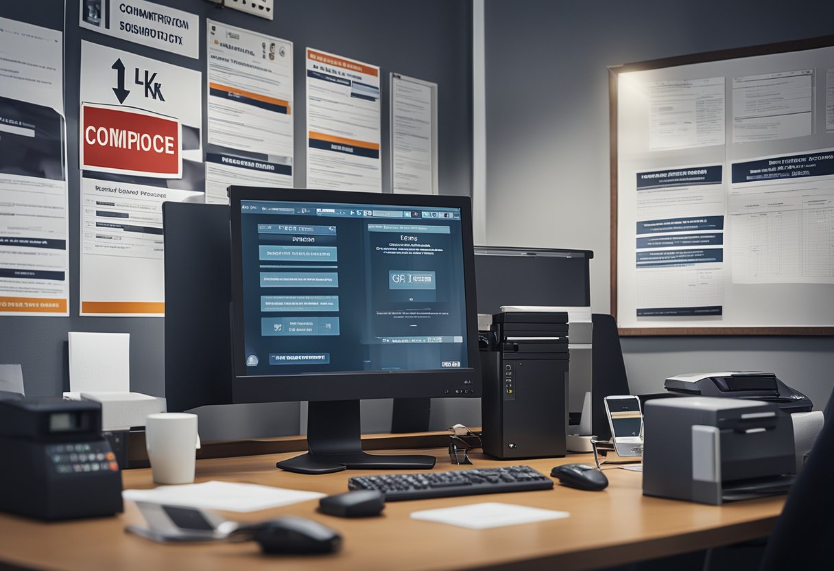 An office desk with a locked filing cabinet and a computer displaying a privacy policy, surrounded by safety signs and security cameras