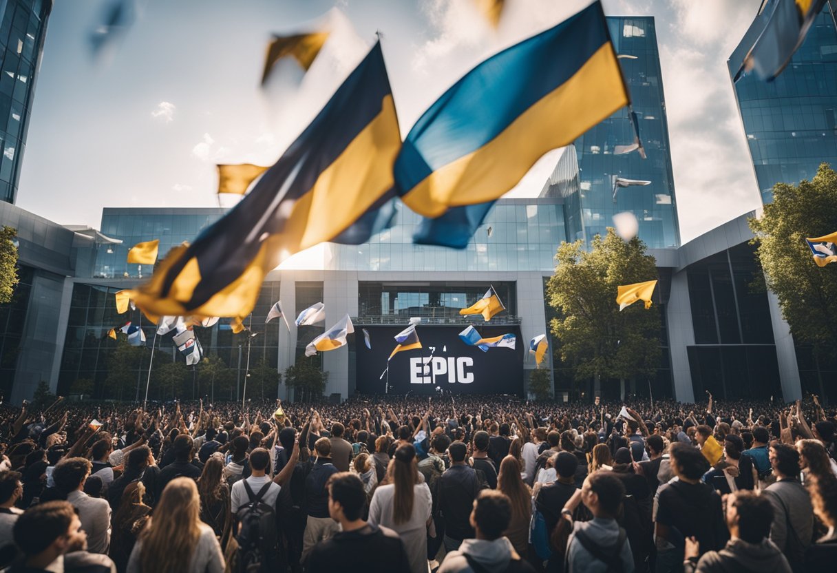 A large, diverse crowd celebrating with banners and flags outside the headquarters of Epic Games