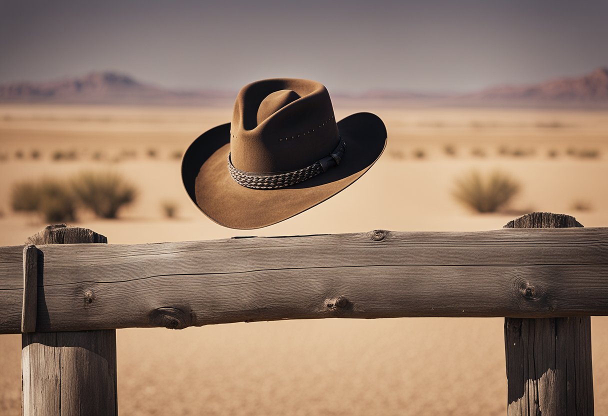 A lone cowboy hat sits on a weathered fence post in the middle of a dusty desert at high noon