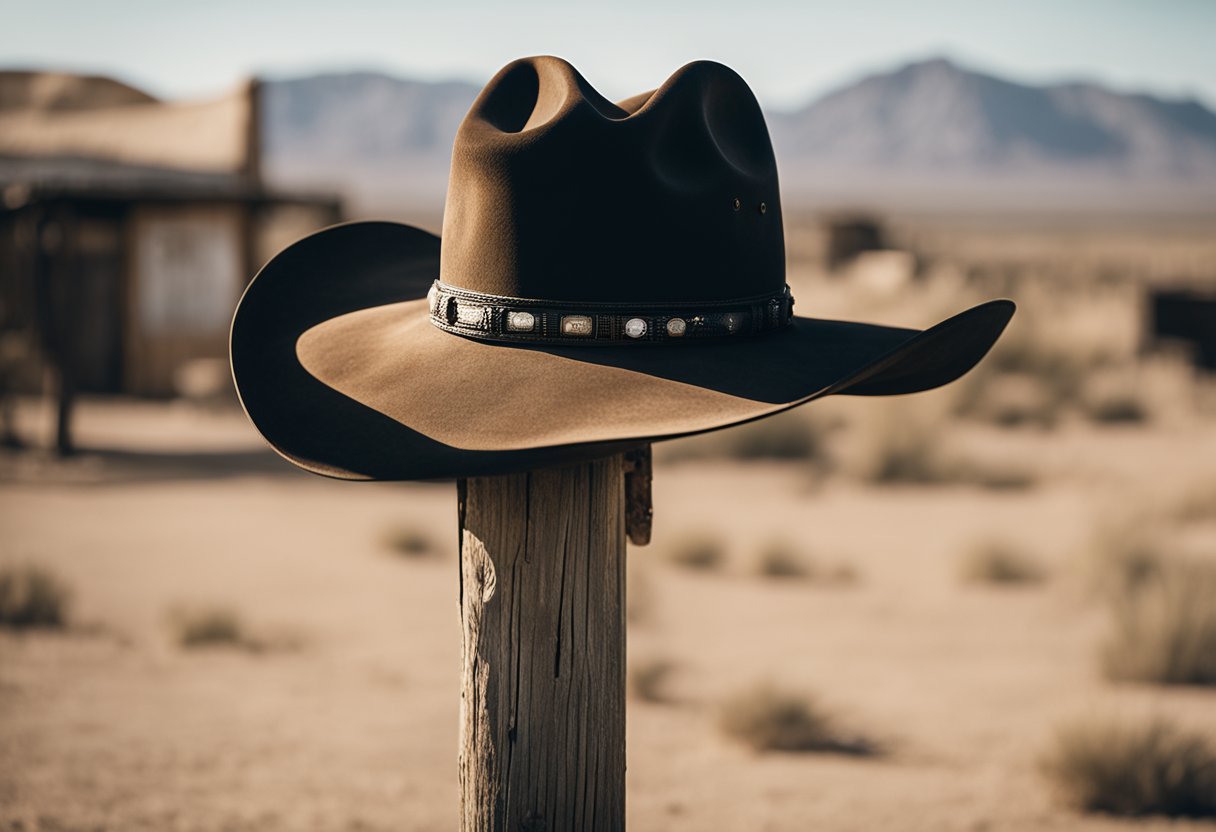 A lone cowboy hat rests on a weathered wooden post in the middle of a dusty desert town