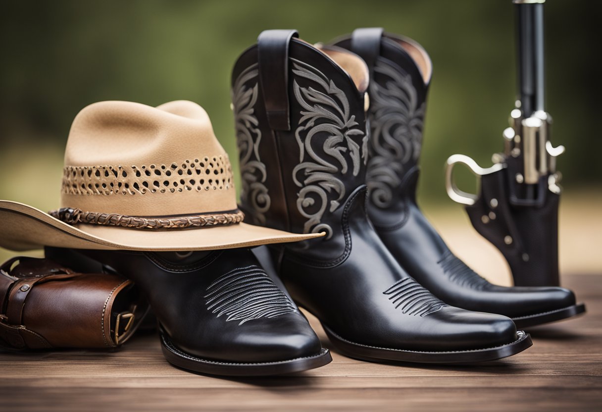 A cowboy hat and boots on a wooden table, with a leather holster and revolver next to them