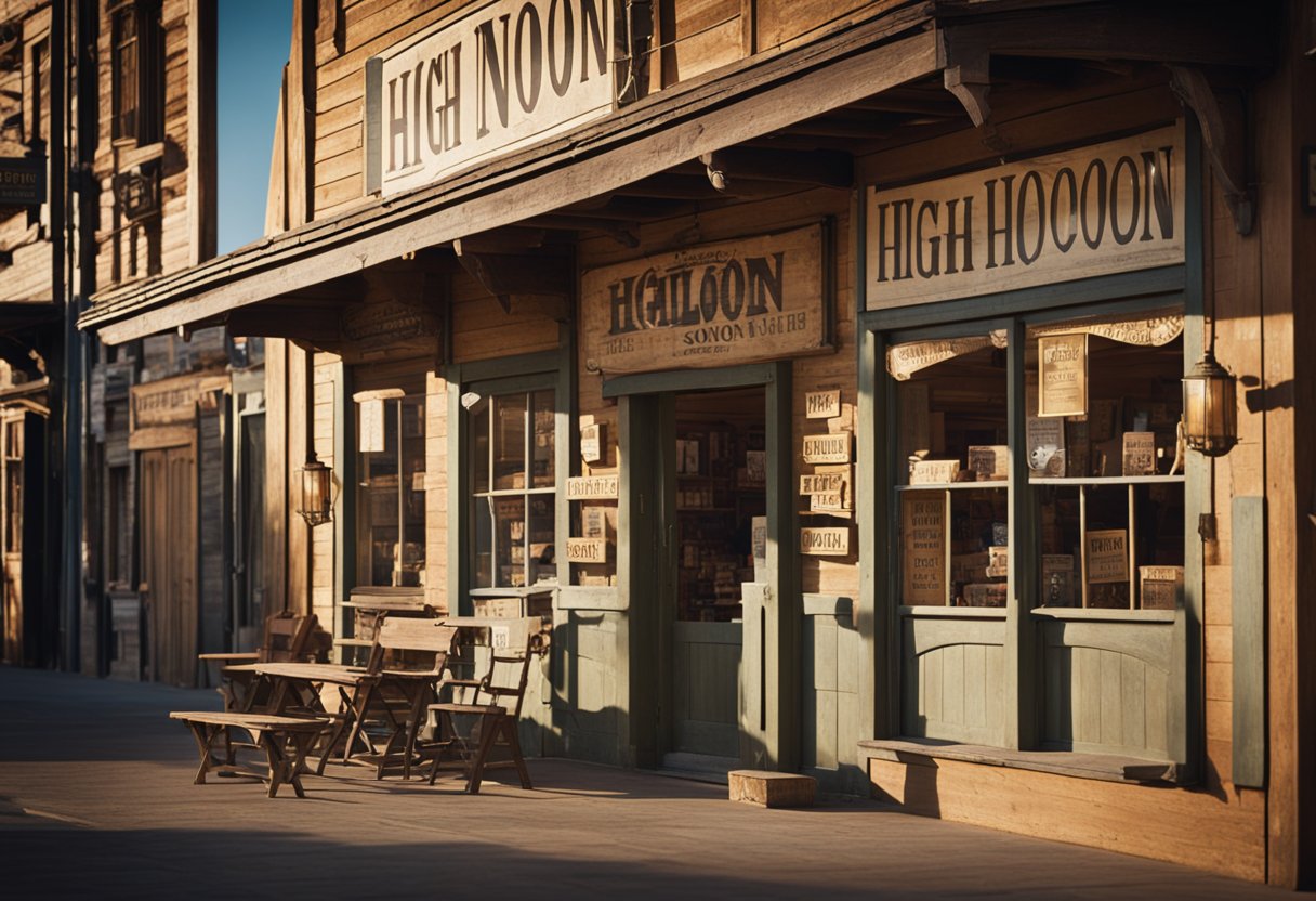 A rustic, sun-drenched western town with a saloon sign reading "High Noon" and various packages scattered around