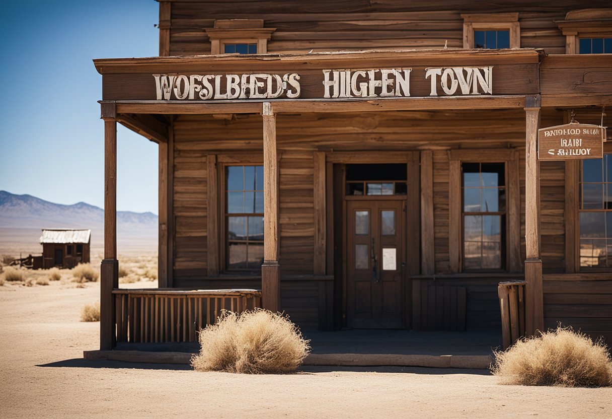 A deserted western town at high noon, with tumbleweeds rolling across the dusty street and a lone, abandoned saloon casting a long shadow