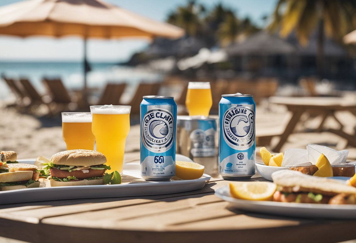 A picnic table with a cooler filled with White Claw cans, surrounded by empty chairs and a beach umbrella