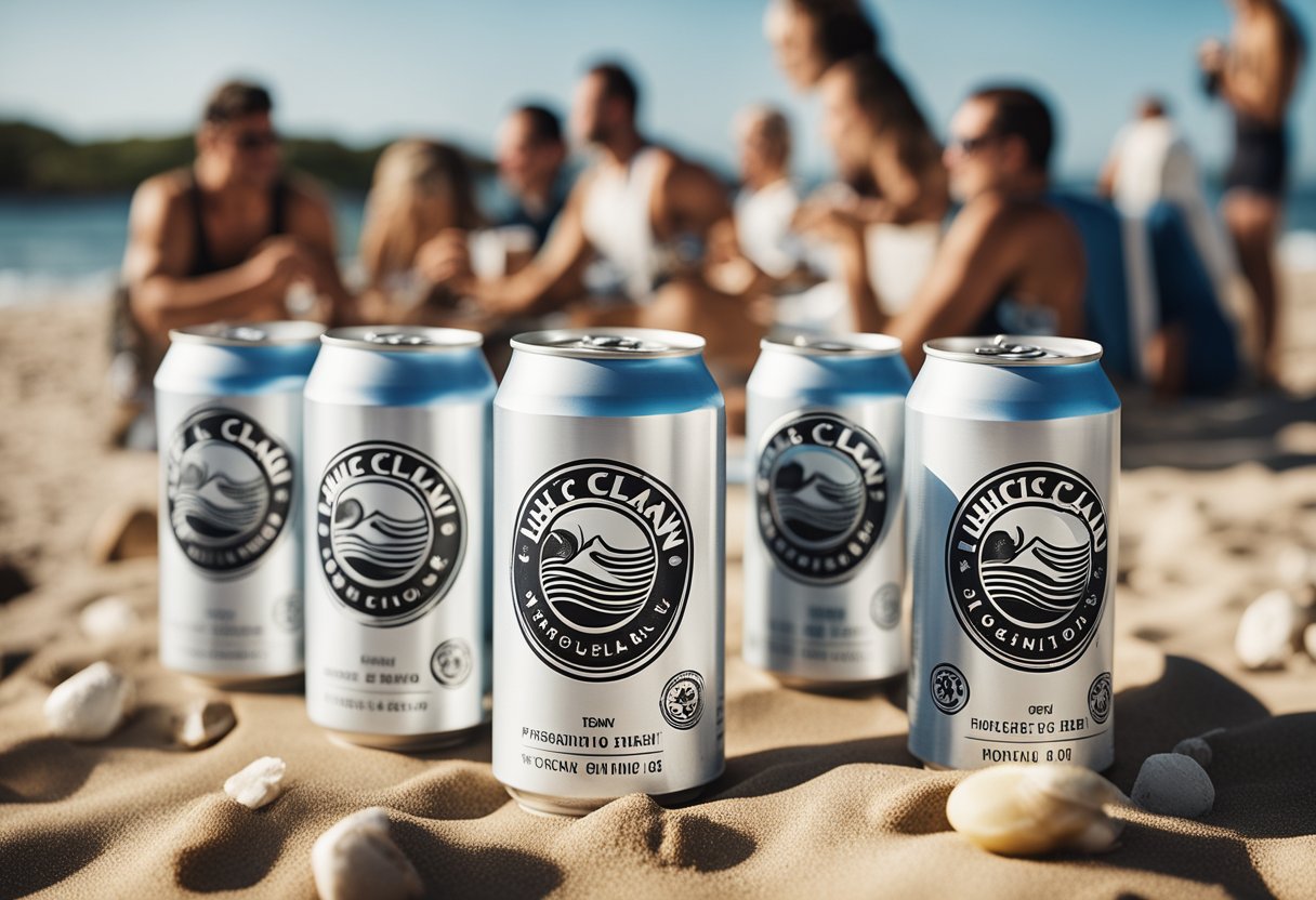 A group of people enjoying White Claw drinks at a beach party, with the iconic White Claw logo prominently displayed on the cans and coolers