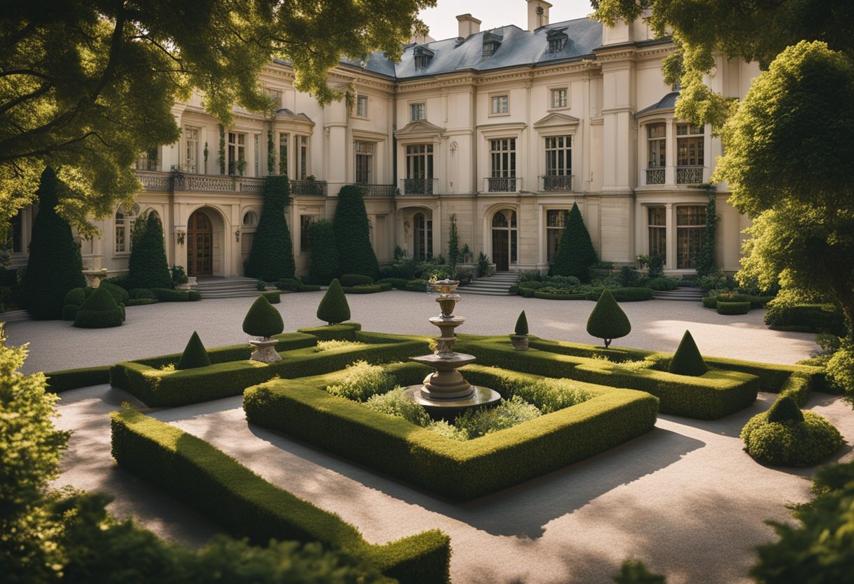 A grand estate with four distinct sections, each representing a different season, surrounded by lush gardens and elegant architecture