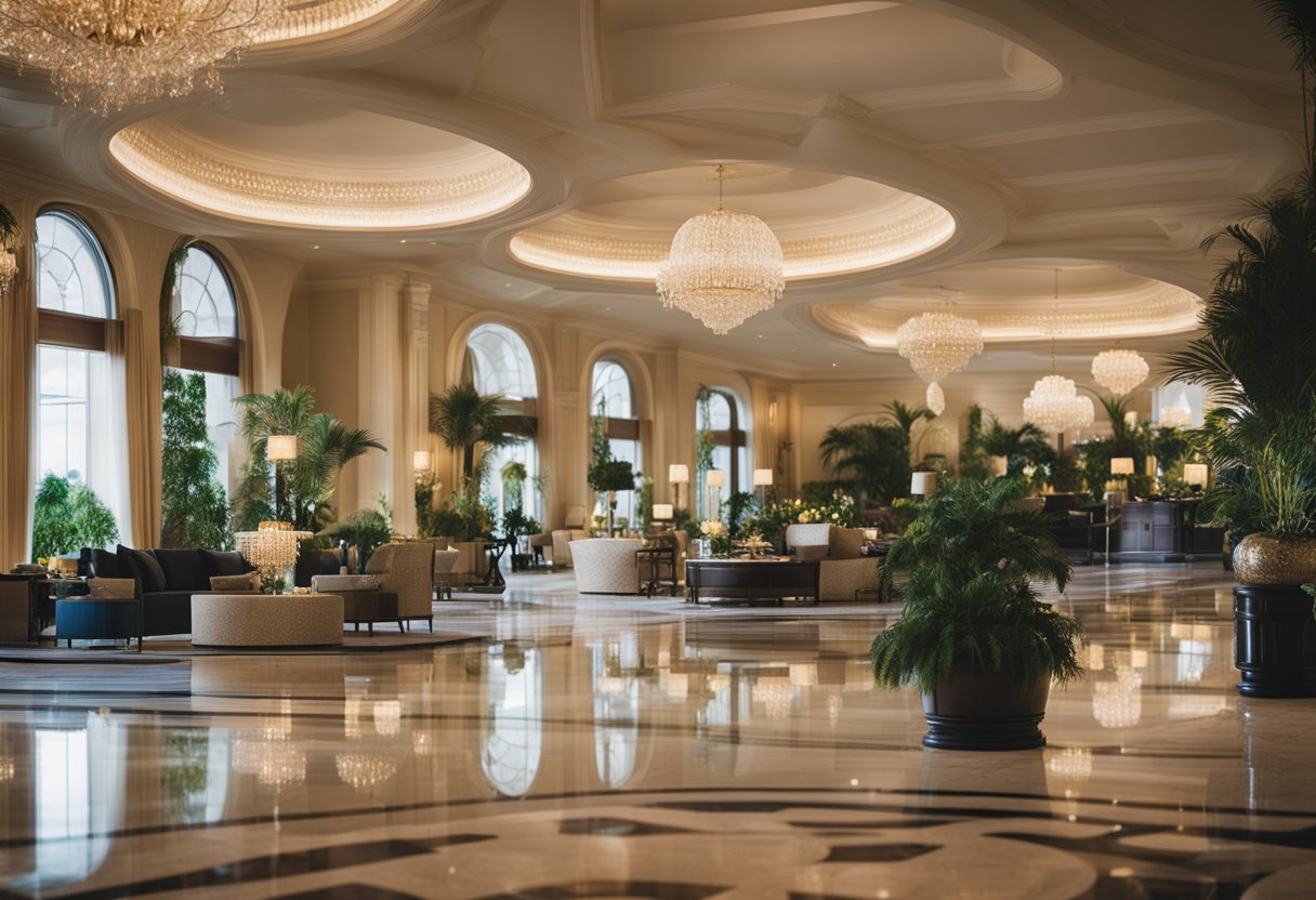 A grand hotel lobby with high-end furnishings and a concierge desk, surrounded by lush gardens and a sparkling pool
