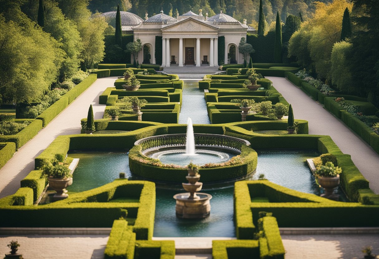 A grand, opulent estate with four distinct sections, each representing a different season, surrounded by lush gardens and flowing fountains