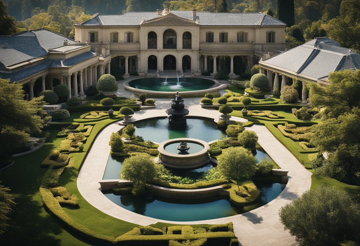 A grand estate with four distinct sections, each representing a different season, surrounded by lush gardens and serene water features