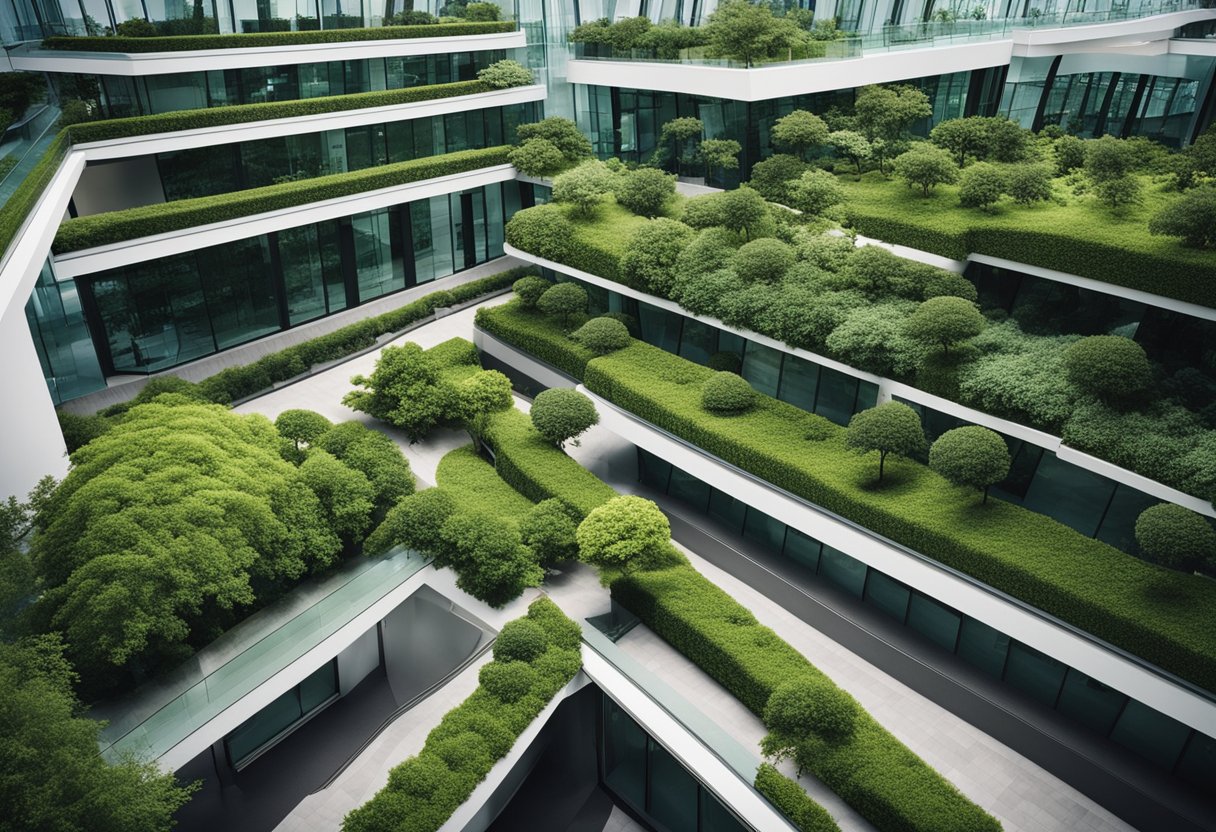 A grand, modern office building surrounded by lush, manicured gardens and four distinct seasonal landscapes