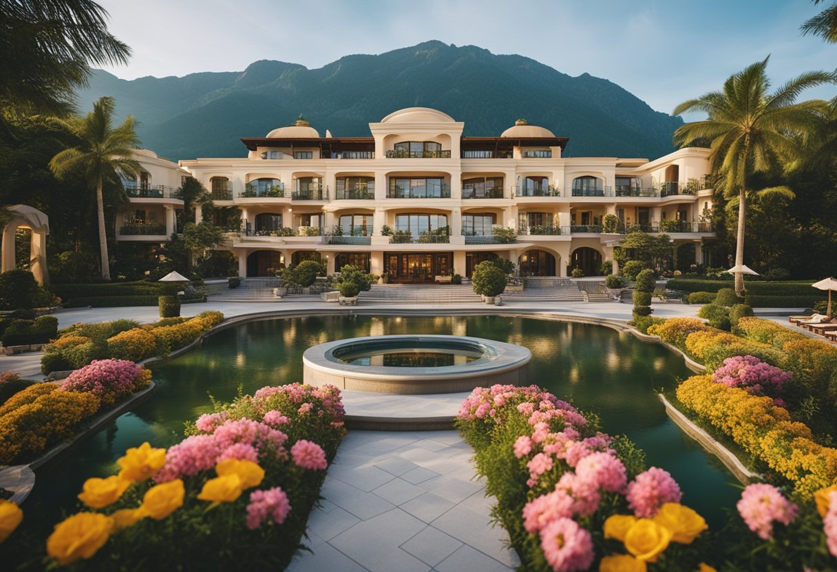 A luxurious hotel with a grand entrance, surrounded by lush greenery and colorful flowers, with a serene lake and mountains in the background