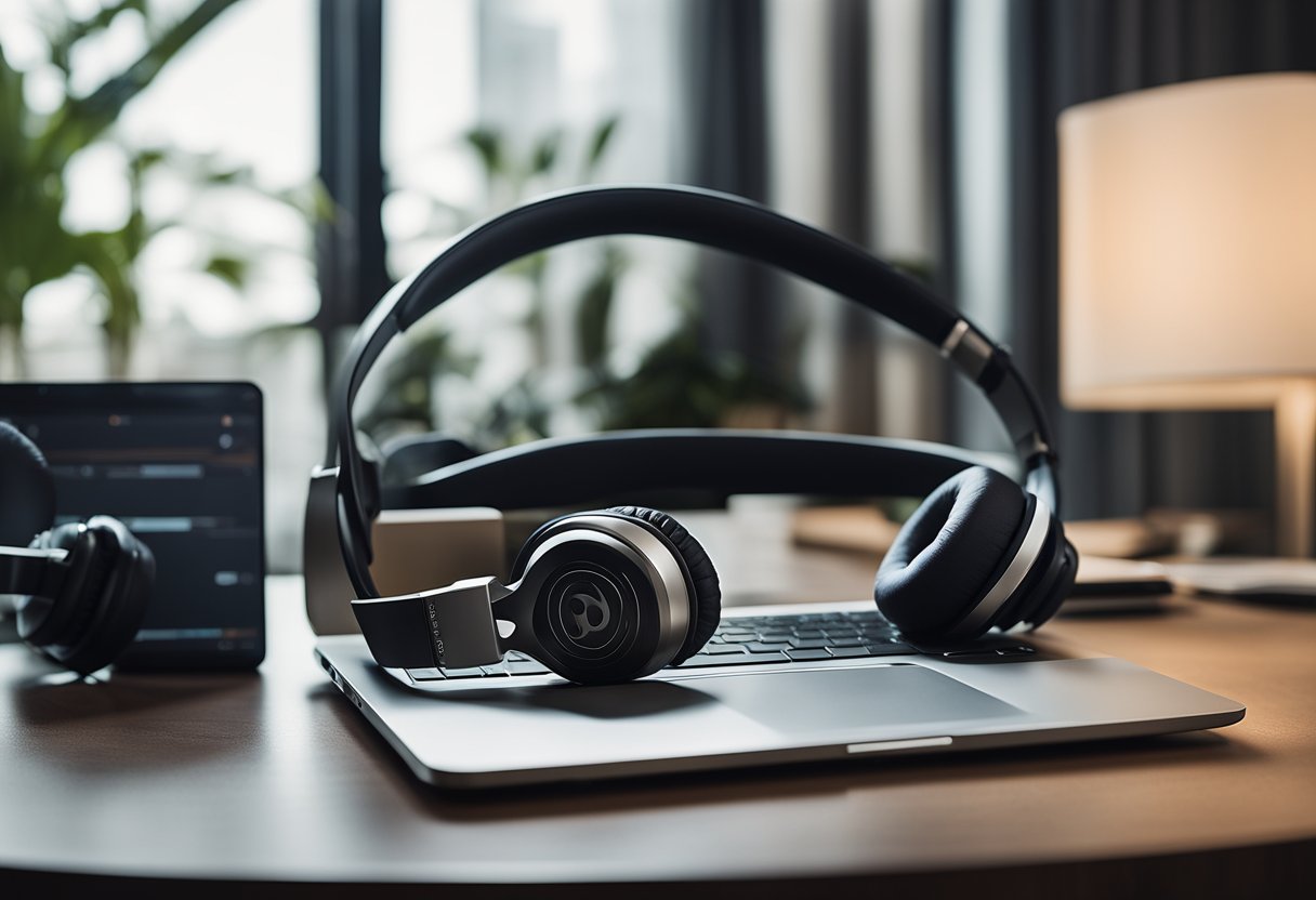 A sleek, modern desk with a pair of Beats by Dre headphones resting on it. A laptop and a smartphone are nearby, suggesting a tech-savvy owner