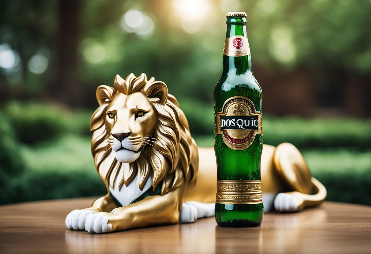 A regal lion proudly holds the Dos Equis beer bottle in its majestic paw, symbolizing its ownership and dominance