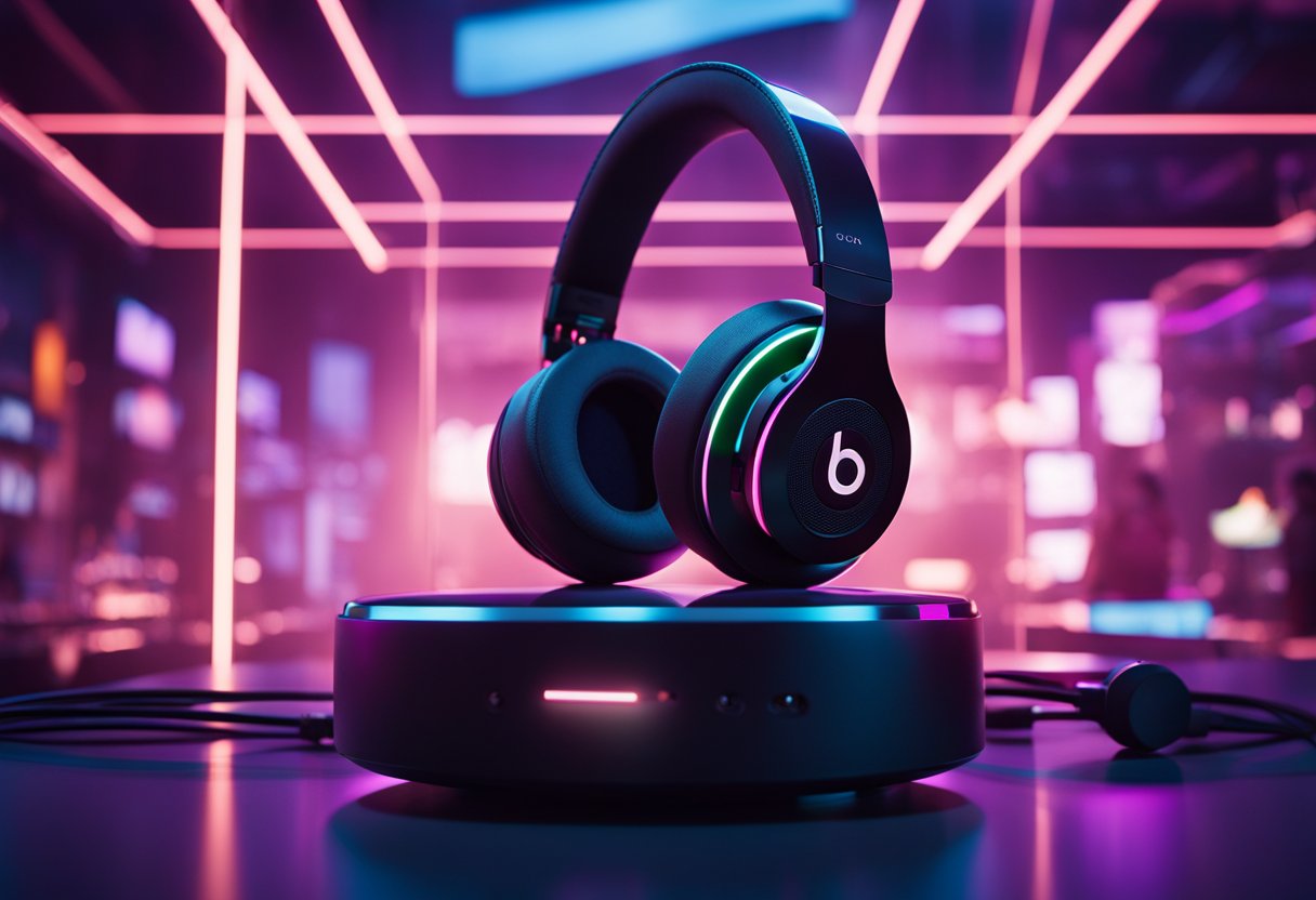 A sleek, futuristic cityscape with neon lights illuminating a Beats by Dre store, showcasing the latest cutting-edge headphones and audio equipment