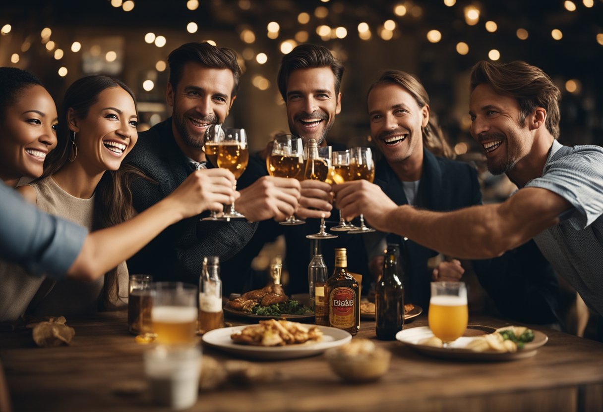A group of friends gather around a table, toasting with bottles of Dos Equis. Laughter and conversation fill the air as they enjoy their time together