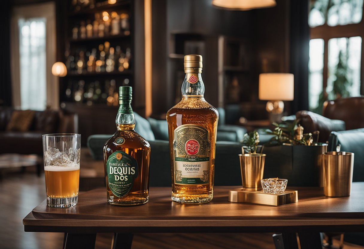 A cozy living room with a well-stocked bar cart featuring a prominent bottle of Dos Equis. A comfortable armchair and warm lighting create a welcoming atmosphere