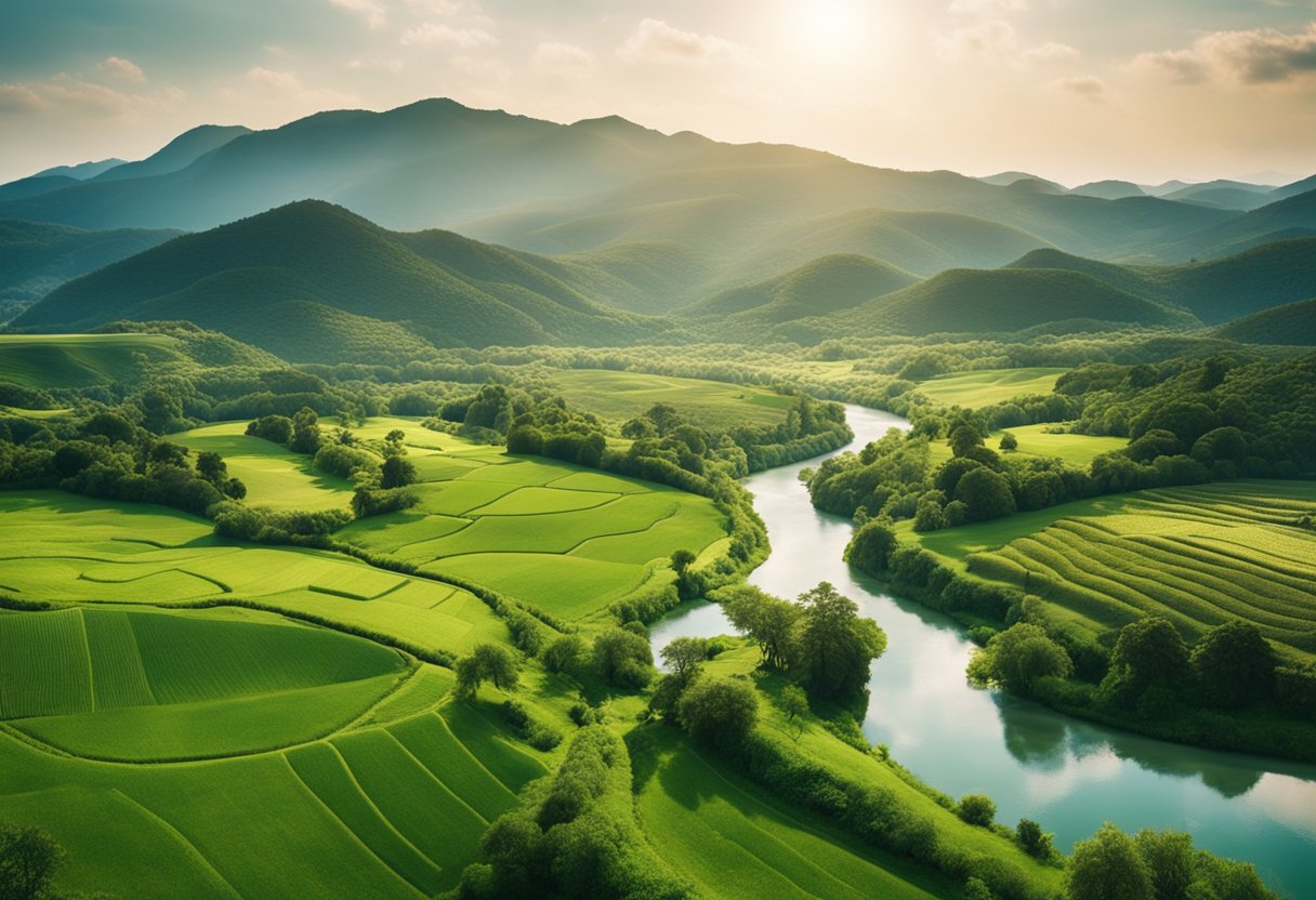 A lush, green landscape with a clear, flowing river, surrounded by diverse wildlife and sustainable farming practices
