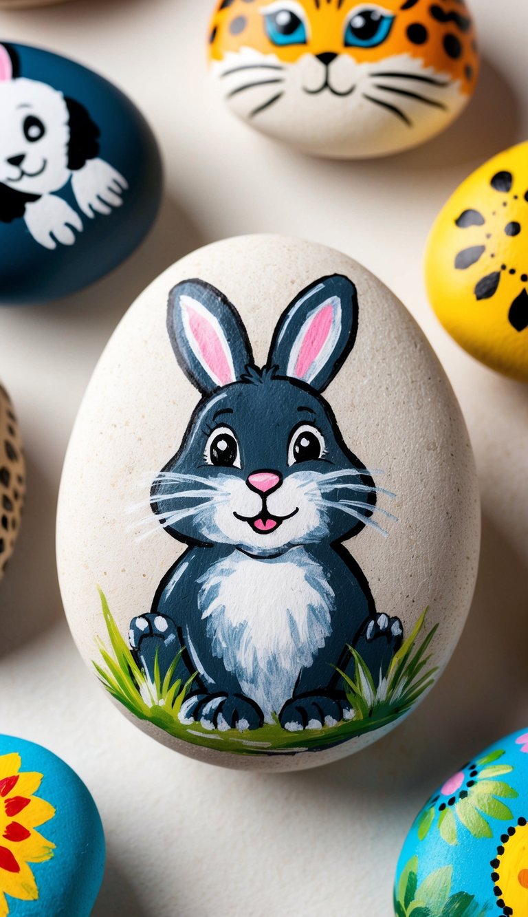 A cute bunny-shaped rock painted with lifelike details, surrounded by other animal-themed painted rocks